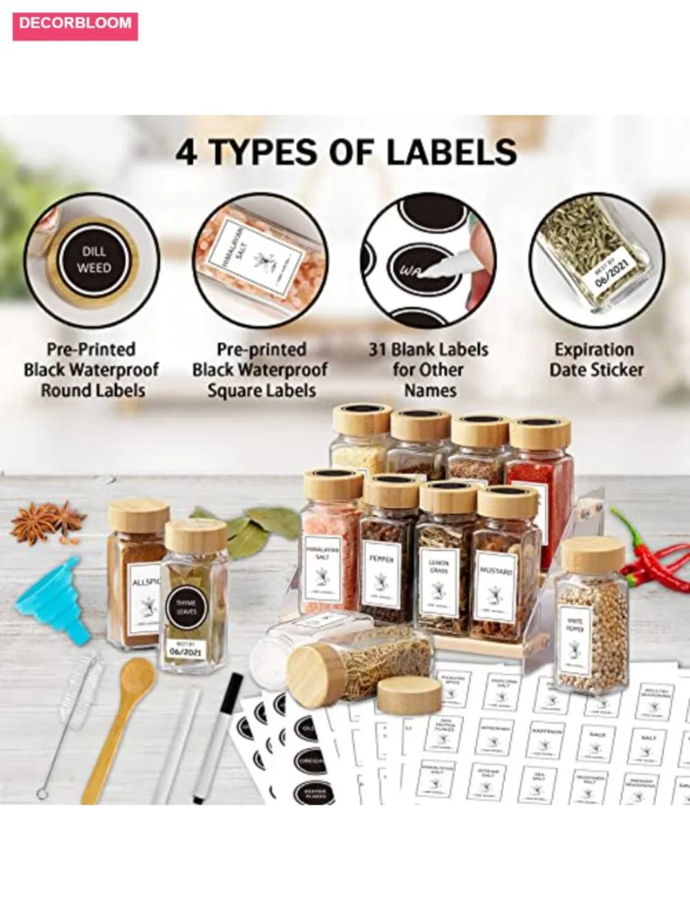 48 Pcs 4 oz Glass Spice Jars with Bamboo Lids Shaker Lids Labels